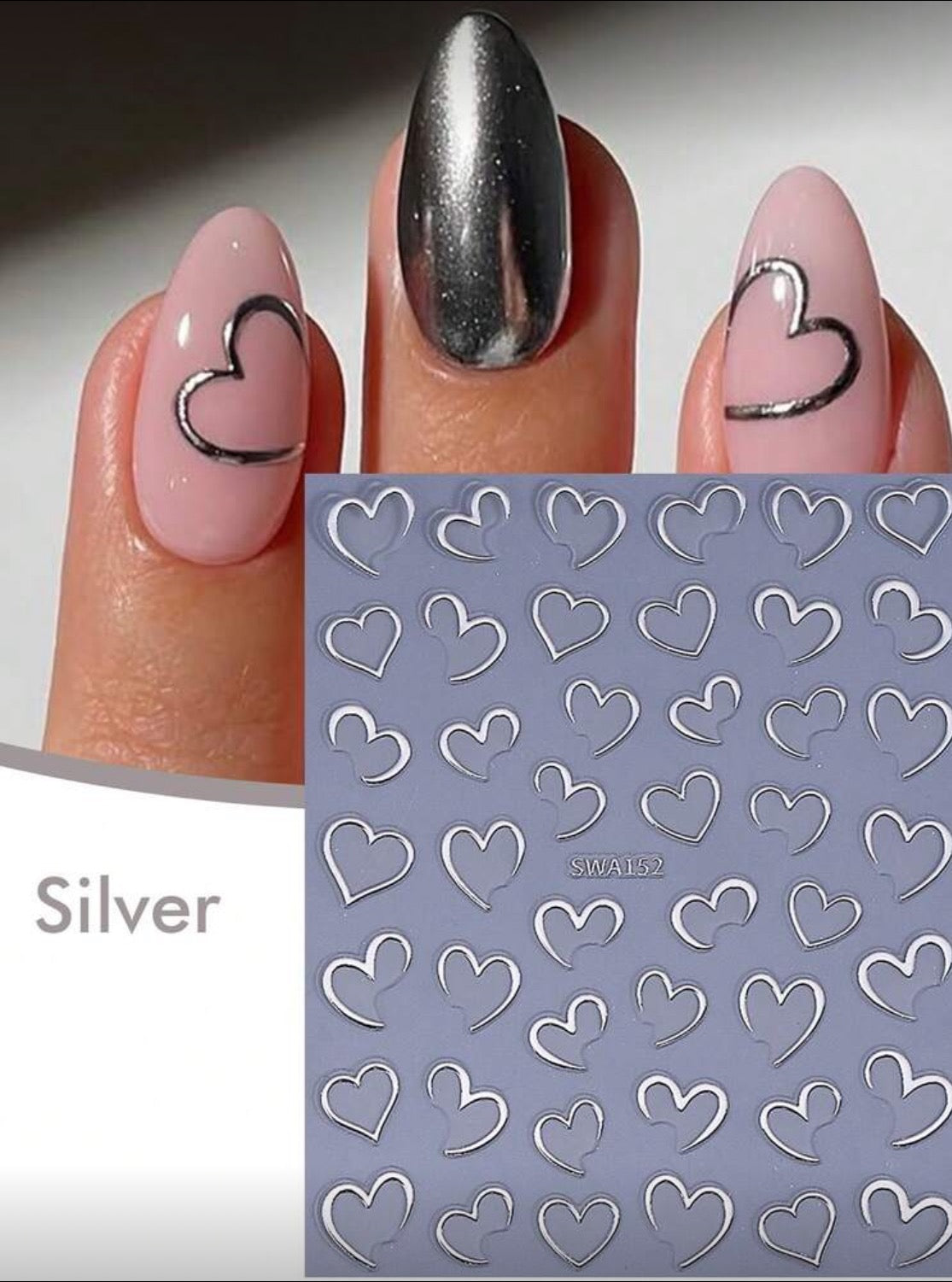 4PCS half heart chrome metallic nail stickers (Red,Purple,Silver,Gold)