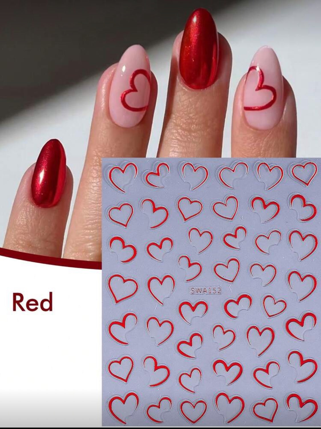 4PCS half heart chrome metallic nail stickers (Red,Purple,Silver,Gold)