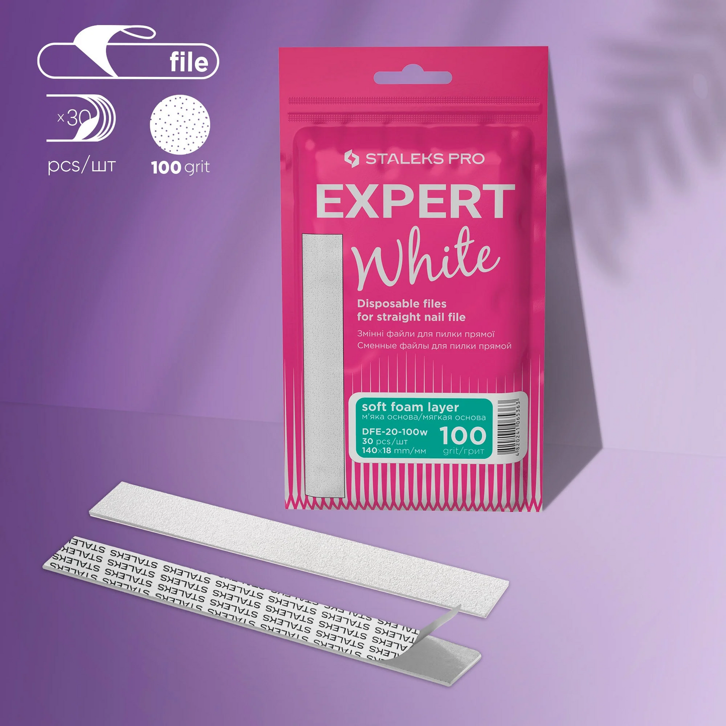 Disposable White Files For Straight Nail File On A Soft Foam Layer EXPERT 20 (30 Pcs)