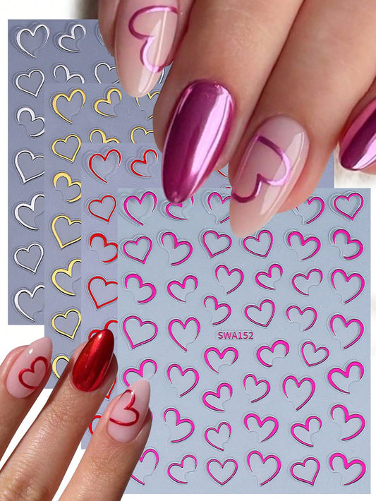4PCS half heart chrome metallic nail stickers (Red,Purple,Silver,Gold)