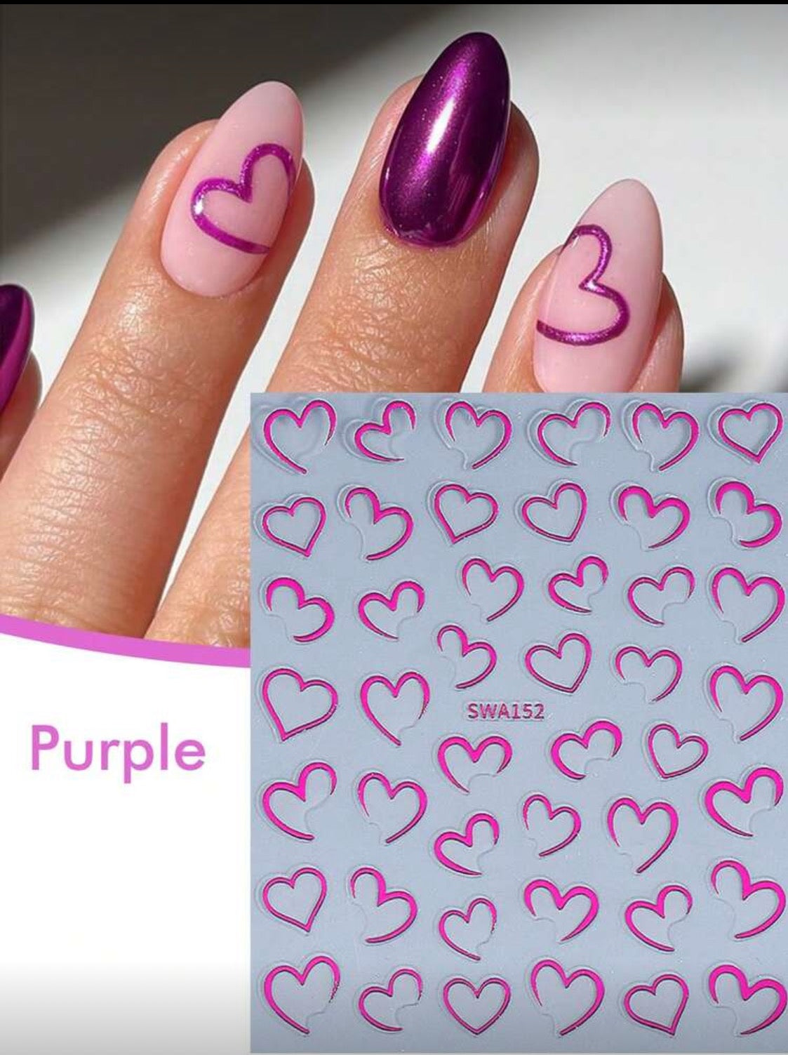 4PCS half heart chrome metallic nail stickers (Red,Purple,Silver,Gold)