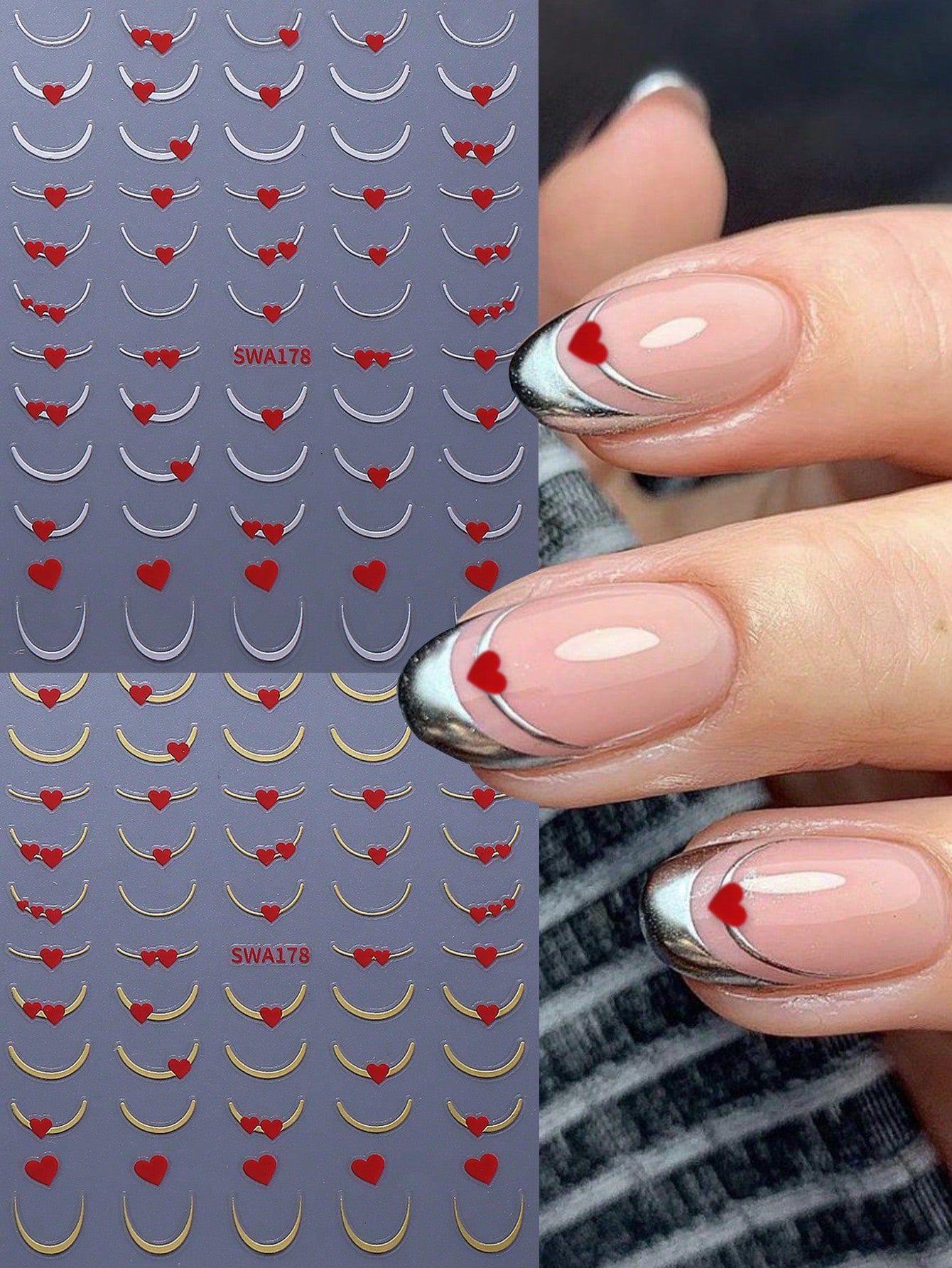 2PCS French line 3D nail art stickers w/ heart pattern. (Silver,Gold)