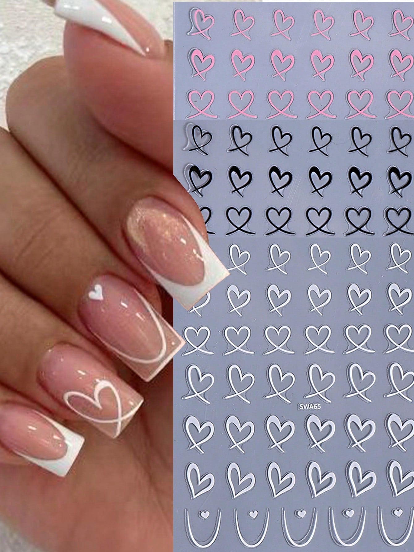 3PCS heart nail art stickers (Black,white,pink)
