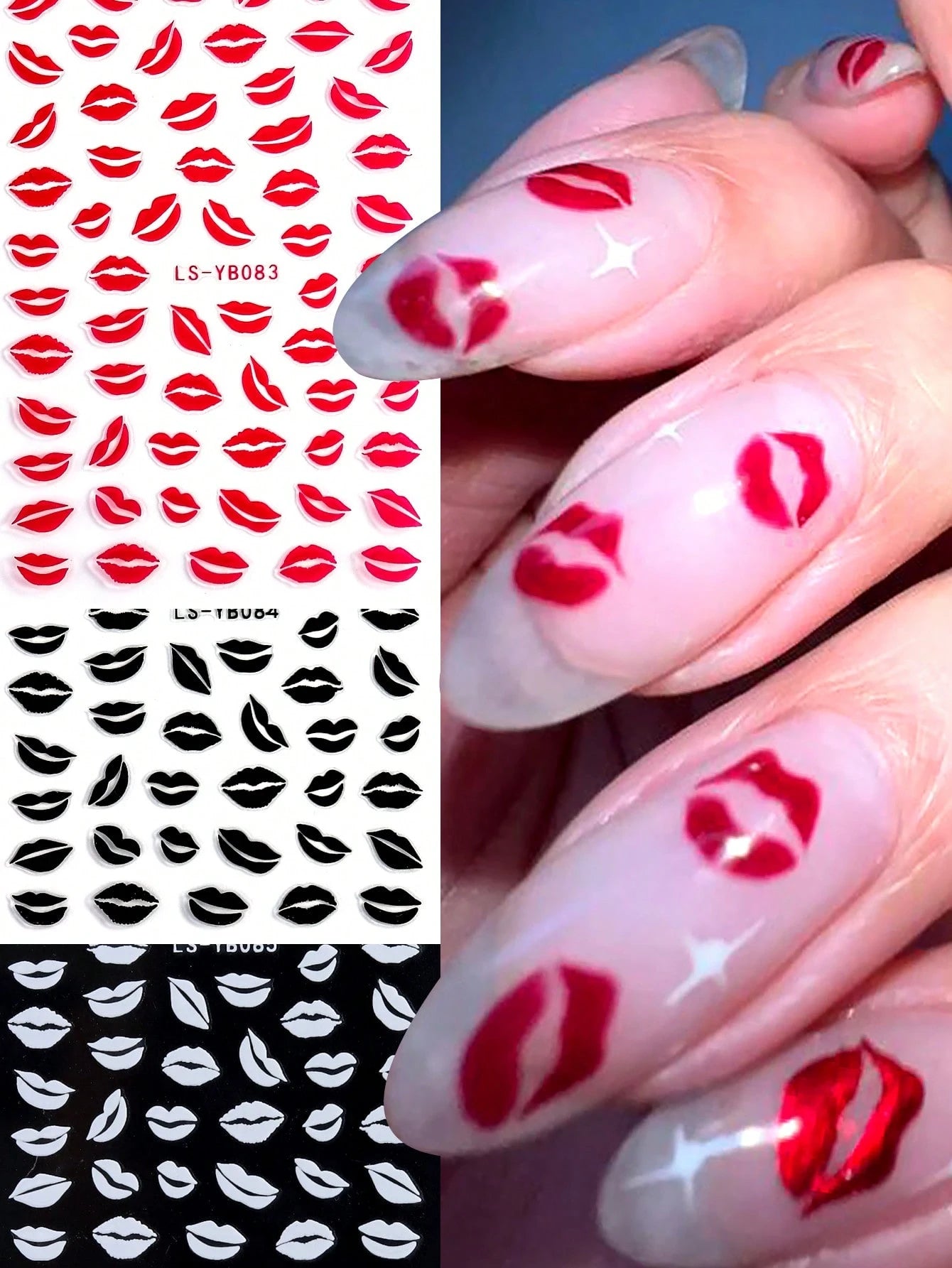 3PCS lip nail art stickers (Red,Black,White)