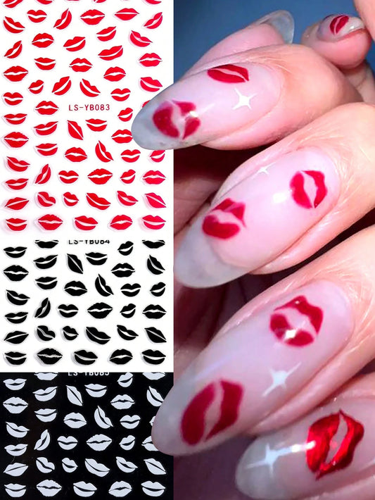 3PCS lip nail art stickers (Red,Black,White)