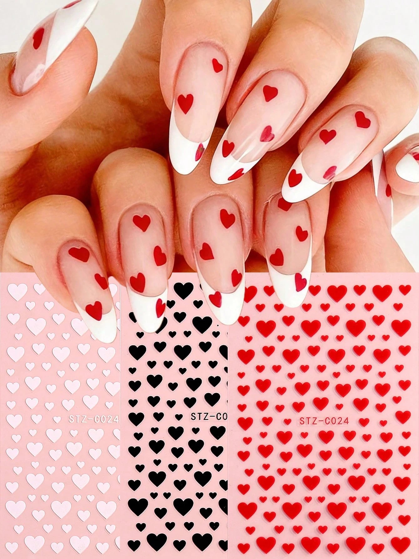 3PCS sweet hearts nail art stickers (Red,White,Black)