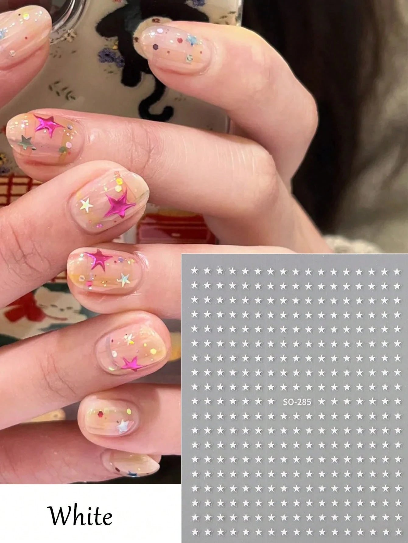 6PCS mini star nail art stickers (Black,White,Silver,Red,Laser,Purple)