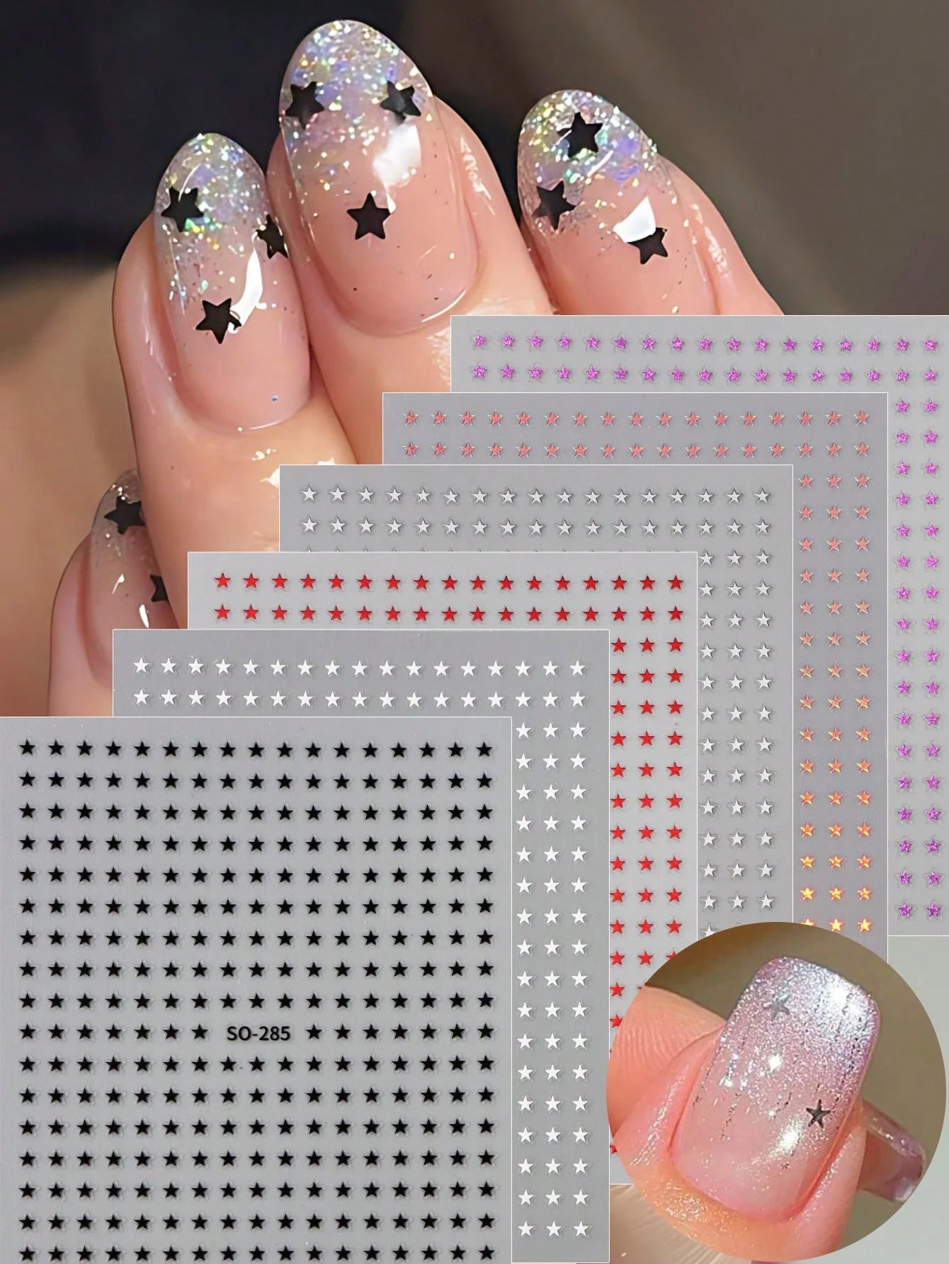 6PCS mini star nail art stickers (Black,White,Silver,Red,Laser,Purple)
