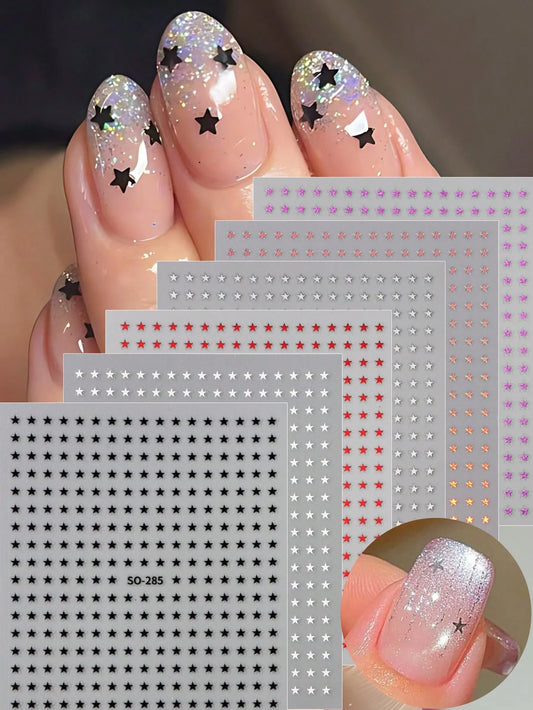 6PCS mini star nail art stickers (Black,White,Silver,Red,Laser,Purple)