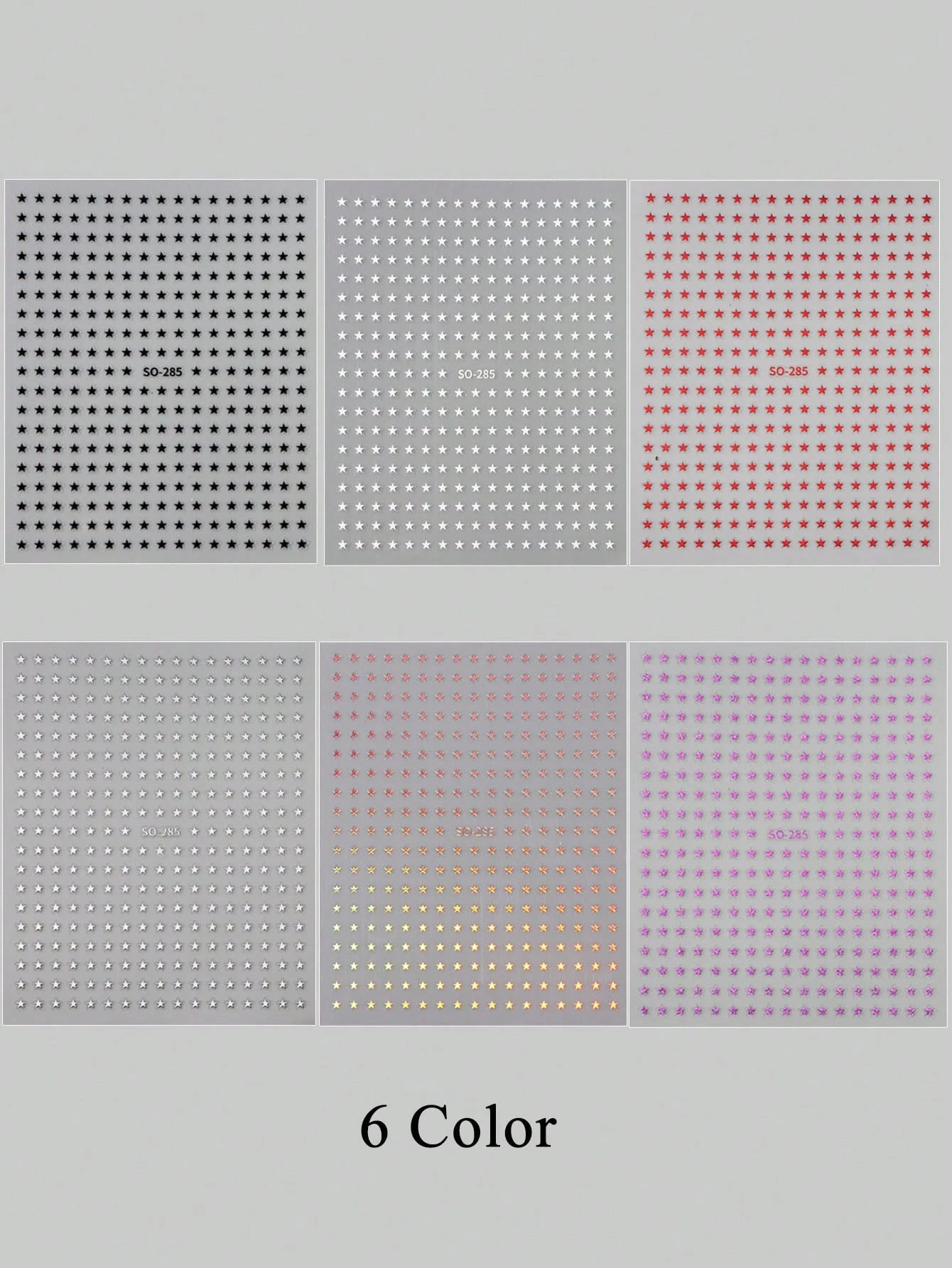 6PCS mini star nail art stickers (Black,White,Silver,Red,Laser,Purple)