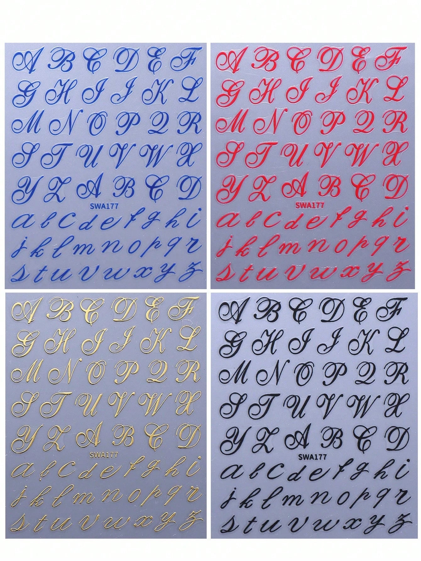 4pcs Letter Nail Art Stickers uppercase & lowercase(Black,Blue,Gold,Red)
