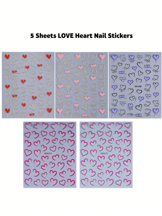 5pcs 3D Minimalist Heart Nail Stickers (Red,Purple,Pink,Blue,Gold)