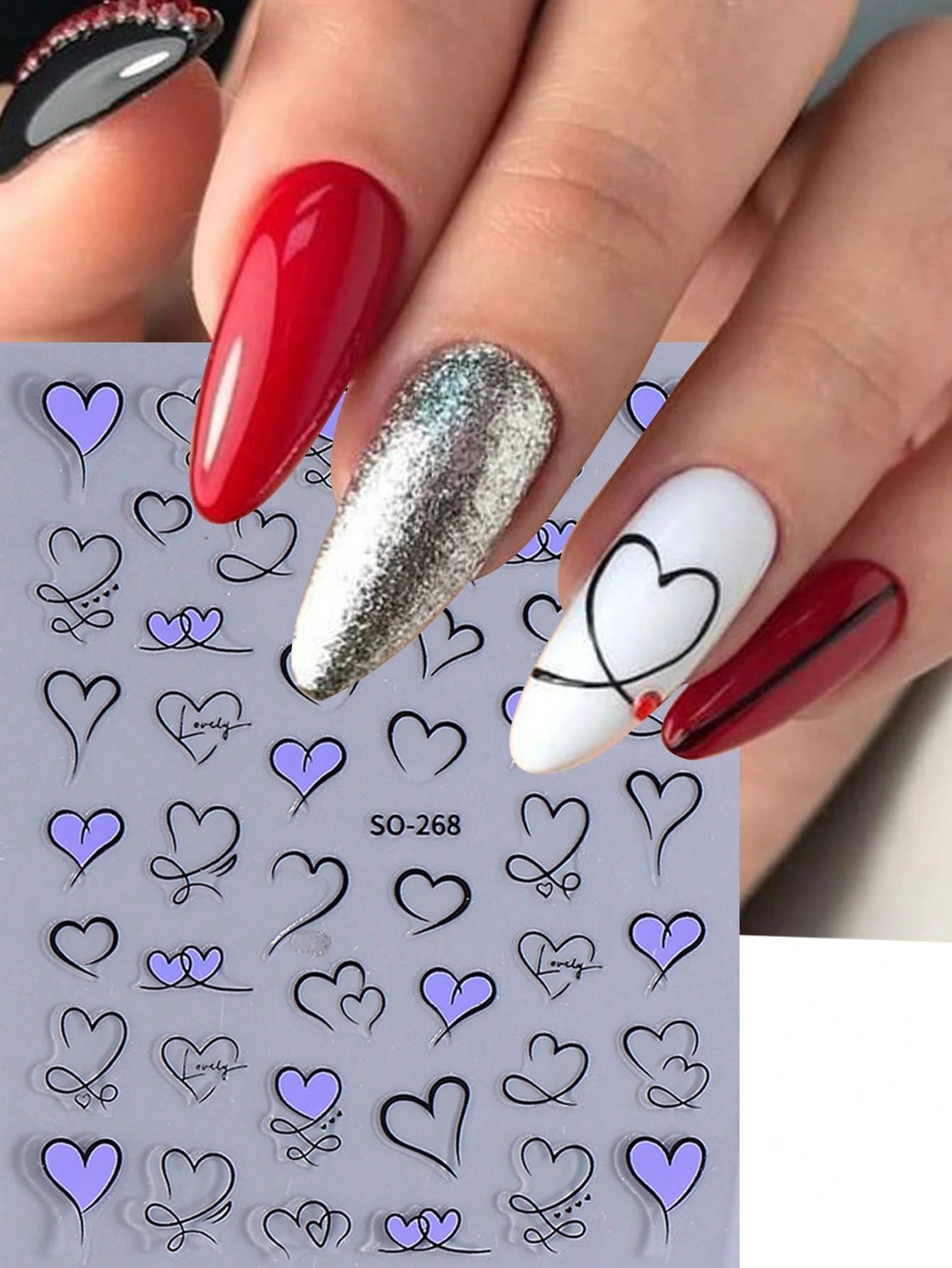 5pcs 3D Minimalist Heart Nail Stickers (Red,Purple,Pink,Blue,Gold)
