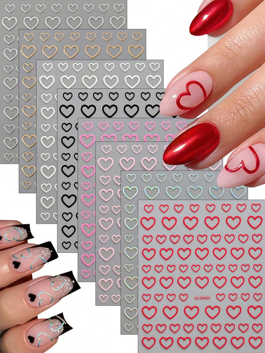 8PCS Metal Heart Nail Stickers (White,Pink,Laser,Red,Silver,Black,Gold,hot pink)